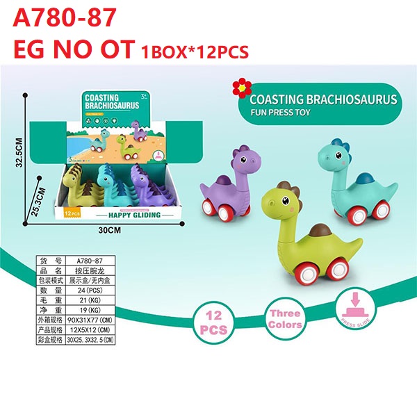 dinosaur press and go toy in purple green and blue