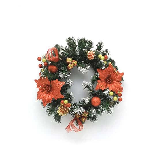 ST Christmas 30cm Wreath - Acorns Berries Flowers Ribbon & Snow Sprinkle