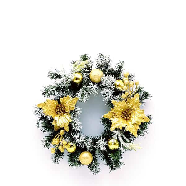 ST-Christmas-30cm-Wreath-Gold-Flowers-Ornaments-Balls-Berries-Snow-Sprinkles-