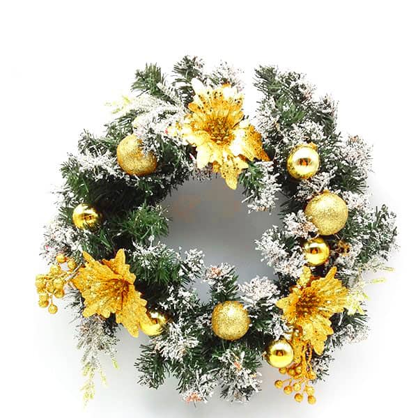 ST Christmas 40cm Wreath Gold Flowers Ornaments Balls Berries Snow Sprinks MA21 45 Christmas Wreath 40cm - Gold Flowers Ornaments Balls Berries & Snow Sprinkles