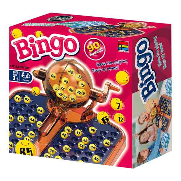 A Bingo game set box featuring a clear rotary ball cage, 90 numbered balls, a master board, and playing cards.