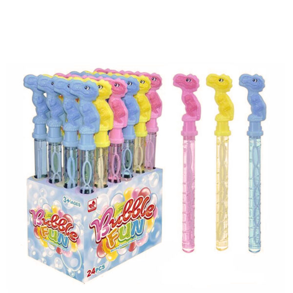 A retail display box containing 24 fun dinosaur bubble wands topped with blue, yellow, and pink dinosaur figures.