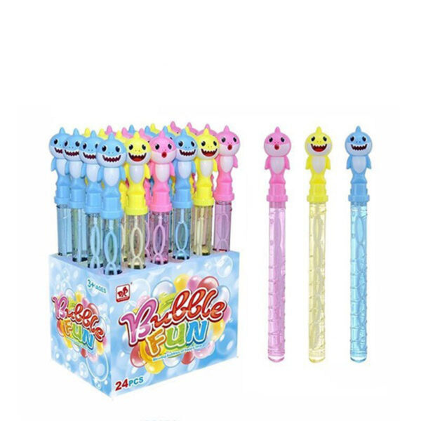 Retail box containing 24 baby shark bubble wands topped with smiling pink, yellow, and blue shark characters.