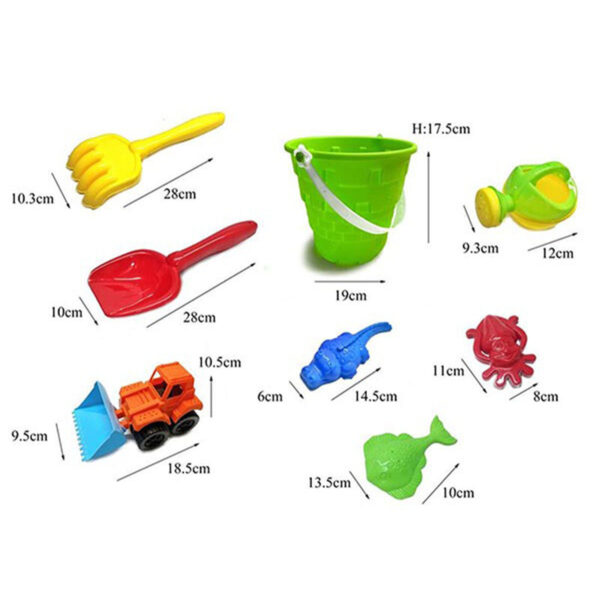 A 9-piece plastic beach toy set including a bucket, shovel, rake, toy truck, and animal molds.